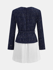 Pleated Hem Panel Tweed Belted Mini Dress