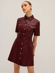 Shirt Collar Belted PU Leather Mini Dress