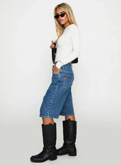Retro Dream Mid Rise Longline Denim Shorts Mid Wash