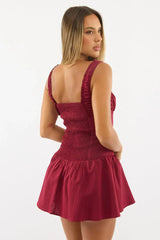 Red Playsuit Square Neck Drop Waist