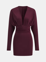 Deep V-Neck Ruched Long-Sleeve Mini Dress