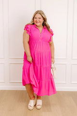 Sunny Spritzer Tiered Midi Dress in Hot Pink Curves