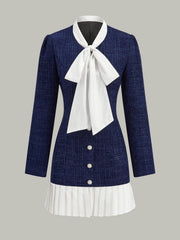 Pleated Hem Bow Neckline Tweed Mini Dress
