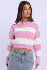 Pink Stripe Knit Top Long Sleeve Color Block