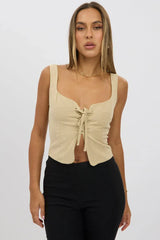 Beige Top Sleeveless Open Front Lace UP
