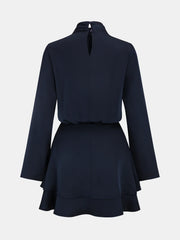 Long Sleeve Cross Neck Satin Tiered Mini Dress