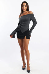 Grey Off Shoulder Top Long Sleeve Ruched
