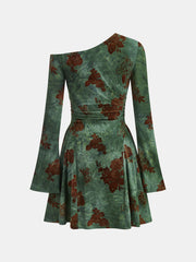 Flocked Floral Print One-Shoulder Mini Dress