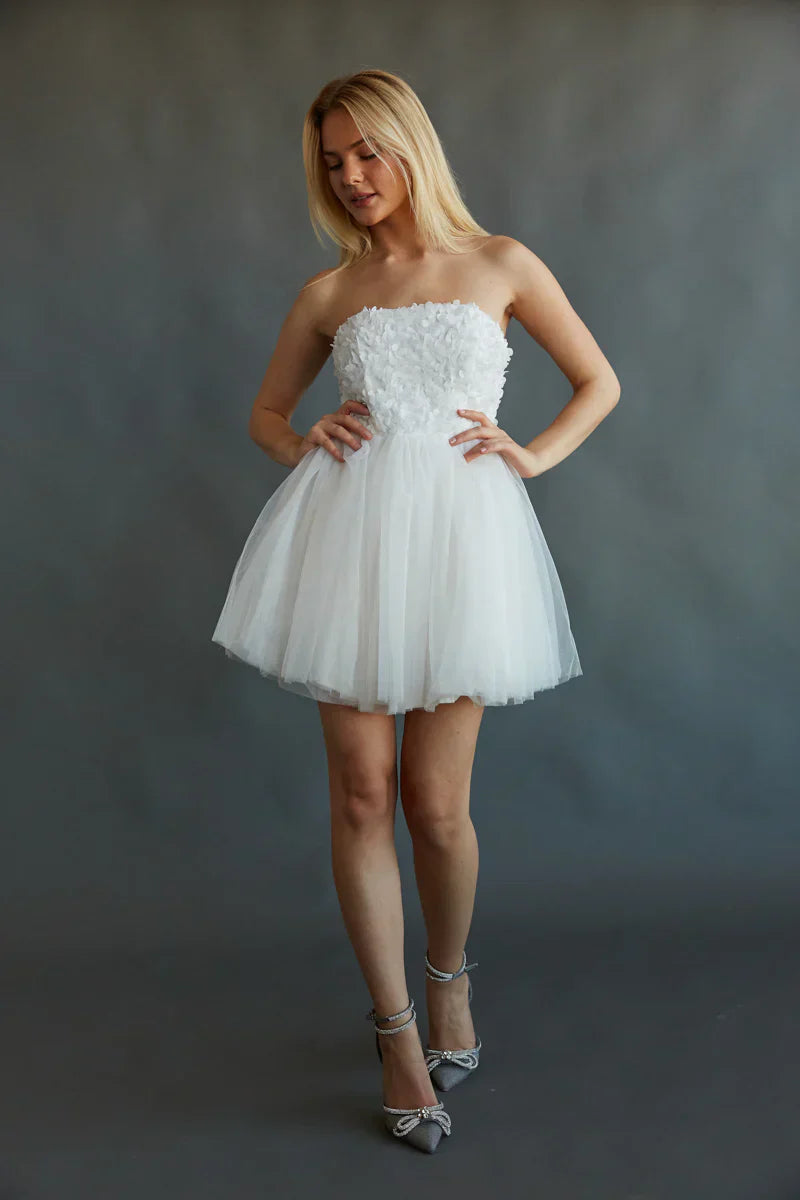 Grace Strapless Floral Applique Tulle Babydoll Mini Dress